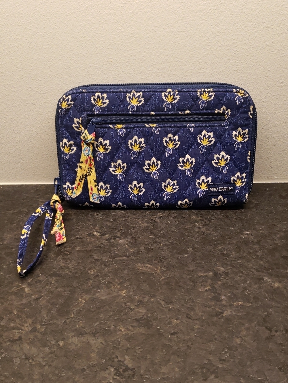 Vera Bradley Navy Floral Quilted Wristlet Wallet with Yellow Accents